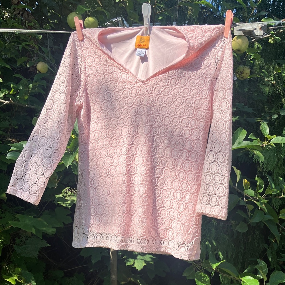 Ruby Rd. Soft Pink Top ~lace over silky liner~
3/4 sleeve